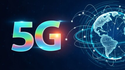 Rainbow 5G glowing letters on a deep blue background with a holographic earth showing network connections. High-speed mobile network technology for global communication.