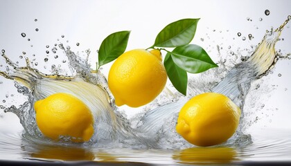 fresh delicious lemons splashing with leaves cut out