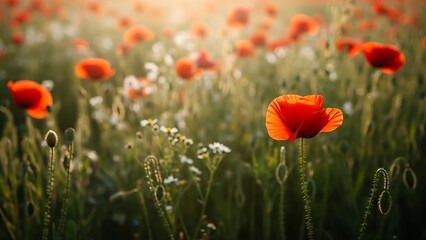 Fototapeta premium Beautiful nature photograph of a field of red poppies bathed in warm, hazy sunlight and golden glow.