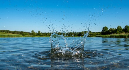 Water Splash on a Serene Lake - A captivating water splash symbolizes purity, freshness, energy, movement, and tranquility against a backdrop of a peaceful blue lake