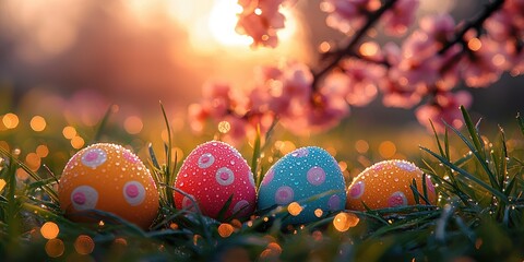 A close-up nature photograph of colorful painted Easter eggs