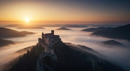 Majestic castle atop a misty mountain range at sunrise