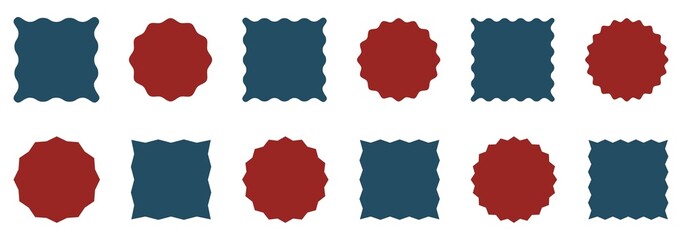 Zig zag edge square circle shape set. Graphic design elements for decoration, banner, poster, template, sticker, badge. Colorful zigzag shapes. Vector illustration. 