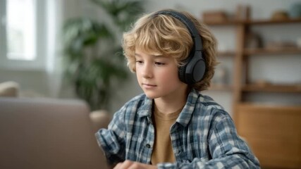 Young boy with curly hair focused on laptop while wearing headphones in a cozy indoor environment 4k video footage - Powered by Adobe