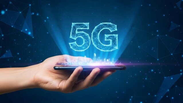 Hand of caucasian woman holds phone with 5g communication network projection. Mobile internet high speed technology for smart city data transfer.