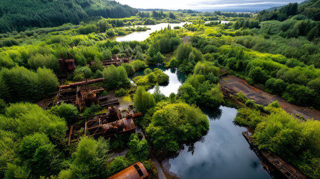 There is a lot of garbage in the forest. The concept of human pollution of forests and nature. A terrible dump in the woods. - Powered by Adobe