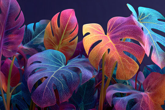 Creative fluorescent color layout made of tropical leaves. Flat lay neon colors. Nature concept.