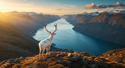 White Deer Overlooking Fjord at Sunset - Majestic white deer standing on a rocky cliff, gazing over a stunning fjord surrounded by snow capped mountains at sunset