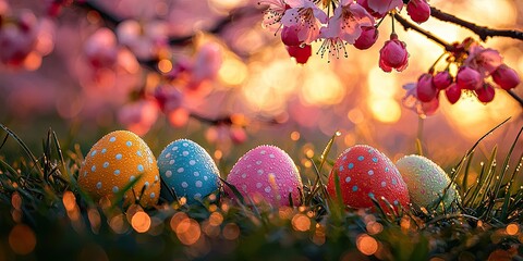 A close-up nature photograph of colorful painted Easter eggs