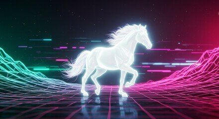 White Horse in Cyberspace - A glowing white horse gallops across a landscape. Represents freedom, speed, power, technology, and the boundless potential of the world