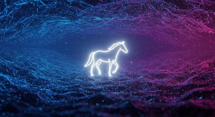 White Horse in Cyberspace - Glowing white horse outline symbolizing freedom, power, grace, speed, and beauty in a cyberspace landscape with blue and pink hues