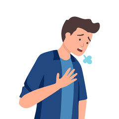 Man pressing against his chest with a shortness of breath symptom in flat design on white background. Difficulty breathing.