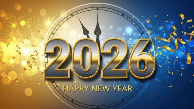 Golden and blue new year s eve celebration with a clock counting down to 2026 and confetti