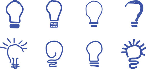 Collection of hand drawn blue light bulb icons and a question mark,
A set of eight simple, hand-drawn blue icons featuring various light bul designs and a question mark, representing ideas and queries