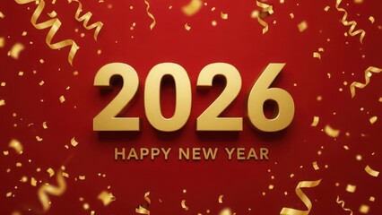 Golden 2026 happy new year text with falling confetti and streamers on a vibrant red background celebrating the upcoming year