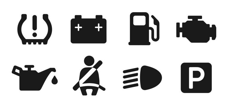 Car dashboard icon collection in black featuring tire pressure, battery, gas pump, engine, oil can, seatbelt, headlights, and parking sign