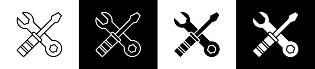 Maintenance icon set in line and glyph style on black and white background