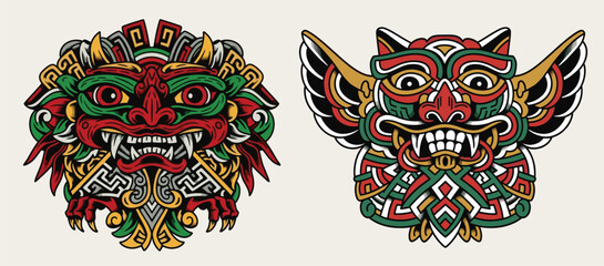 Tattoo elements collection. Intricate tribal mask illustration featuring bold geometric patterns, fierce expressive faces, vibrant colors
