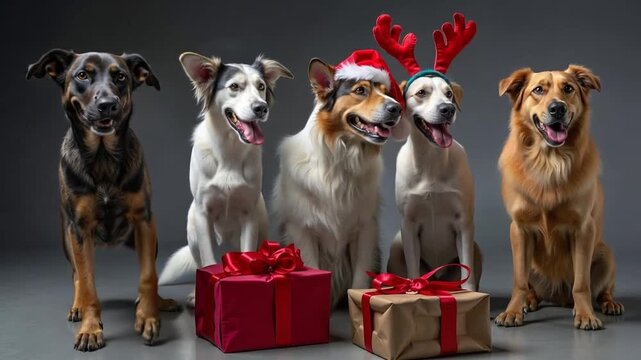 A group of dogs wearing reindeer antlers and santa hats sitting next to a present