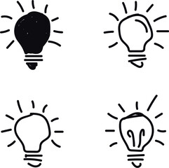 Collection of hand drawn blue lightbulb icons and a question mark,
A set of eight simple, hand-drawn blue icons featuring various lightbulb designs and a question mark, representing ideas and queries.