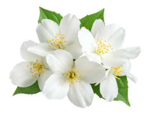Five white flowers with green leaves and yellow centers on black