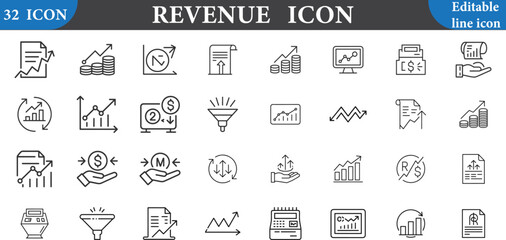 Set of 32 revenue and finance line icons for business growth