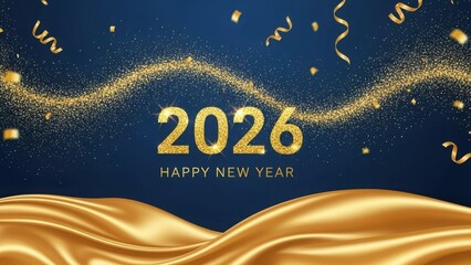 Sparkling golden confetti and ribbons adorn a deep blue background celebrating the arrival of the year 2026 with festive cheer