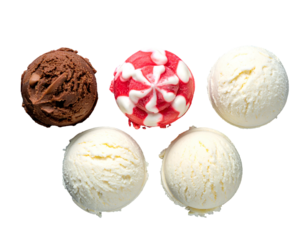 Five scoops of ice cream chocolate, berry ripple, and three vanilla