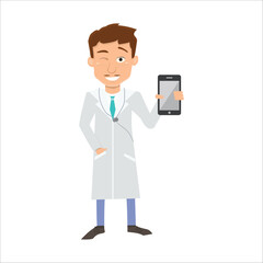 Happy doctor showing a smartphone screen and winking. Concept of telemedicine or medical app