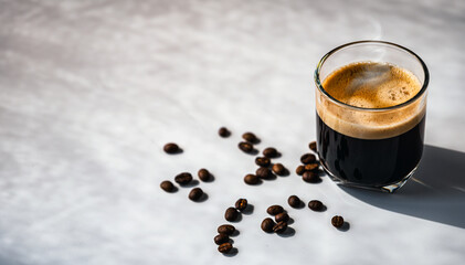 Hot espresso coffee steam rises from hot coffee in coffee glass and bean isolated on white background in Morning sunlight