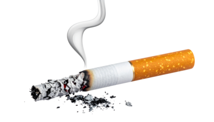 Smoldering cigarette with ash and filter for healthcare awareness campaigns, symbolizing addiction, unhealthy lifestyle choices and the fight against smoking isolated on white or transparent png
