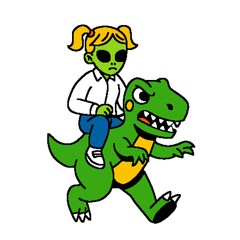 Alien Girl Riding a Dinosaur Illustration