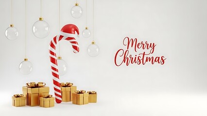 Red striped candy cane with Santa hat surrounded by gold gift boxes and clear ornaments