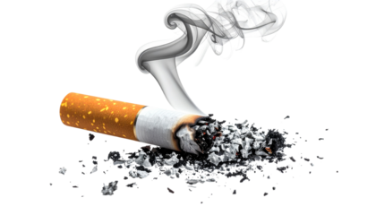 Smoldering cigarette with ash and filter for healthcare awareness campaigns, symbolizing addiction, unhealthy lifestyle choices and the fight against smoking isolated on white or transparent png