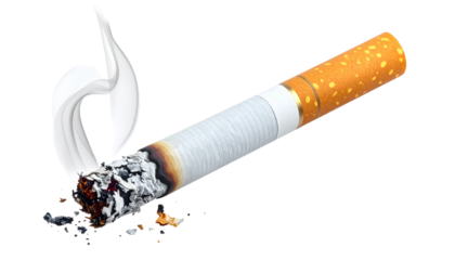 Smoldering cigarette with ash and filter for healthcare awareness campaigns, symbolizing addiction, unhealthy lifestyle choices and the fight against smoking isolated on white or transparent png
