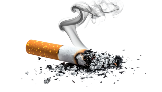 Smoldering cigarette with ash and filter for healthcare awareness campaigns, symbolizing addiction, unhealthy lifestyle choices and the fight against smoking isolated on white or transparent png