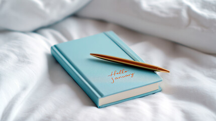 Blue notebook with golden pen and hello january text on white bed linens in soft morning light