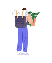 Hiker looks for direction to destination with paper map. Tourist with backpack navigates back view. Person with knapsack searches for path, route in travel. Flat isolated vector illustration on white