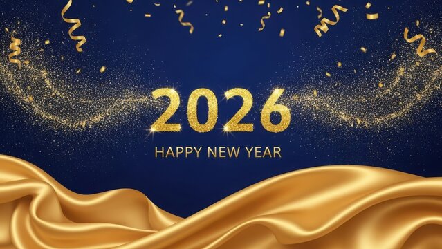 Sparkling golden confetti and ribbons adorn a deep blue background celebrating the arrival of the new year 2026 with elegance