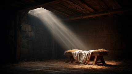 Empty Manger in Rustic Stable with Morning Light