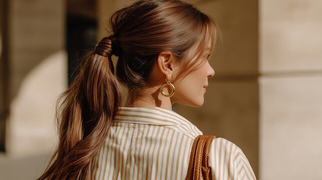 Woman walking outdoors with a stylish ponytail and earring, enjoying sunny weather