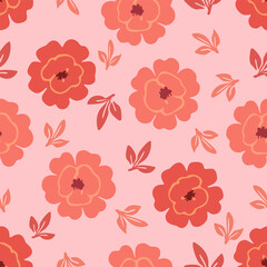 Soft coral and red floral blooms with delicate leaf accents on a pastel pink background, creating a charming, feminine, seamless pattern perfect for textiles and decorative design.