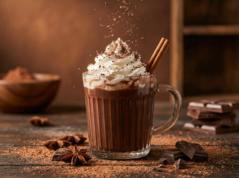 Glass mug of hot chocolate with whipped cream and cinnamon sticks, falling chocolate shavings, cozy winter drink on wooden table