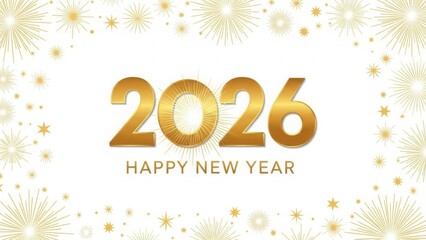 Golden 2026 happy new year celebration with festive sparkles and confetti on a white background