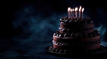Chocolate cake with lit candles on a dark background