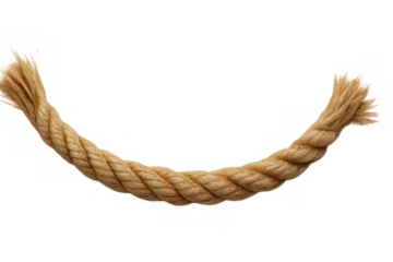 Twisted rope forming an arch, strong fiber cord with frayed ends, nautical element on transparent background