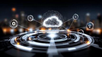 A futuristic digital illustration showcasing cloud computing concepts with connected icons representing data security, startup settings, and wireless communication in a tech-centri