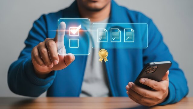 Man using smartphone to approve digital document checklist with quality seal