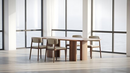 Fototapeta premium Picture of table and chairs set in room with expansive windows. This image can be used to showcase modern and airy interior design concept. High quality.