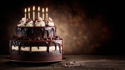 Two-tiered chocolate cake with candles